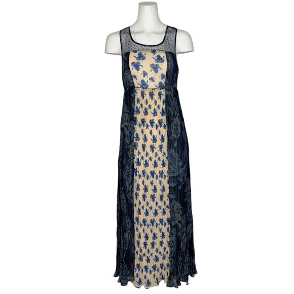 Sundance Maxi Dress 2 Blue Floral Colorblock Pleated Sleeveless Coastal Bohemian - Picture 10 of 12